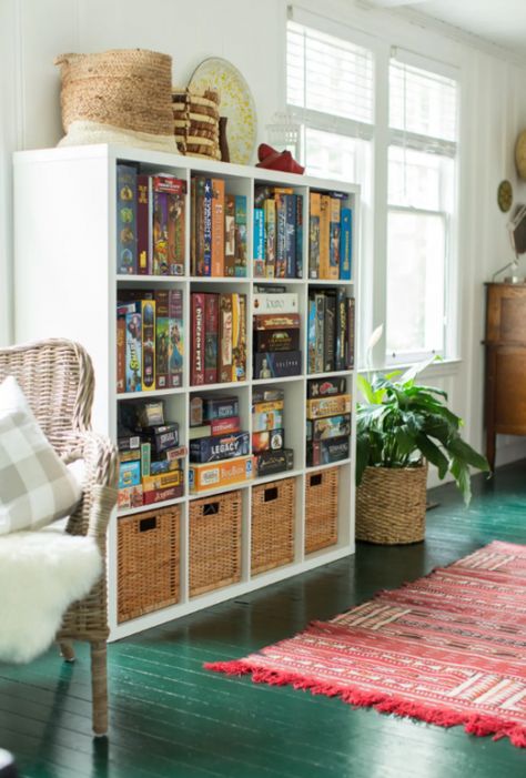 How To Organize And Store Board Games - Lela Burris Ikea Kallax Board Games, Board Game Room Design, Gaming Shelves, Board Game Shelf, Board Game Room, Craftsman Style Bungalow, Board Game Storage, Game Room Family, Bungalow Renovation