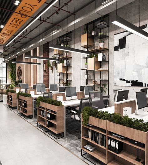 Industrial Company Lahmim on Behance Entertainment Office Design, Innovative Office Space, Industrial Look Office, Industrial Office Interior Design, Open Office Concept, Office Industrial Design, Modern Industrial Office Design, Industrial Interior Design Office, Designers Office