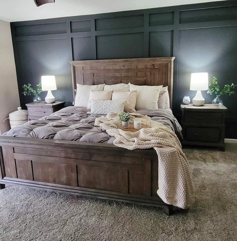 If you're thinking of doing an accent wall... stop thinking and do it!  It adds SO much to the space.

Target ftw the lamps, tray, chunky throw, and pillows!

Accent wall with Broadway by Behr Dark Wood Headboard Bedroom Accent Walls, Dark Wood Bedroom Furniture Decor Ideas Accent Wall, Bedroom Ideas For Couples Accent Wall, Green Accent Wall Bedroom Wood Headboard, Black Wall Tan Bedding, Wood Trim On Walls Master Bedrooms, Accent Wall Bedroom With Dark Furniture, Black Accent Wall Bedroom With Brown Furniture, Dark Statement Wall Bedroom