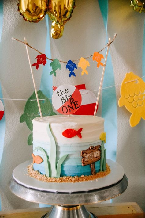 Kids Fishing Birthday Party, Fishing Theme Cake, Fish Cake Birthday, Fishing Themed Birthday Party, Fishing Birthday Party, Boys First Birthday Party Ideas, 2 Birthday Cake, 1st Birthday Party Themes, First Birthday Party Themes