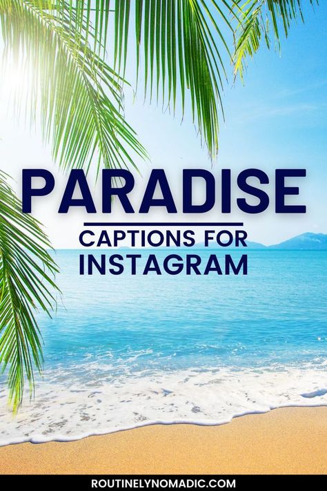 Beach, ocean and palm trees with words Paradise captions for Instagram Tropical Quotes, Short Beach Quotes, Paradise Quotes, Beach Instagram Captions, Vacation Captions, Island Quotes, Beach Captions, Funny Instagram Captions, Short Instagram Captions