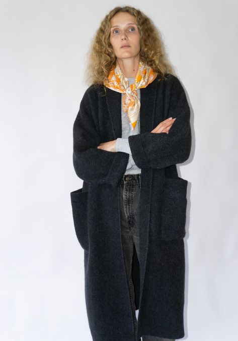 Lauren Manoogian Double Face Long Coat in Ink Shawl Collar Coat, Knit Sweater Coat, Lauren Manoogian, Fall 24, Long Wool Coat, Crochet Clothing, Collared Coat, Sweater Coat, Perfect Jeans