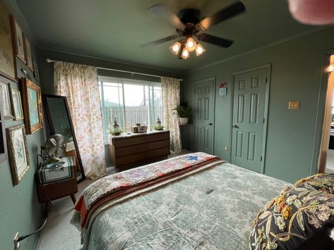 Valspar Cottage Lattice Green, Green Room With Green Ceiling, Sage Walls And Ceiling, All Green Bedroom Walls And Ceiling, Green Attic Room, Green Wall And Ceiling, Ceiling And Walls Same Color, Sage Green Ceiling, Green Walls And Ceiling