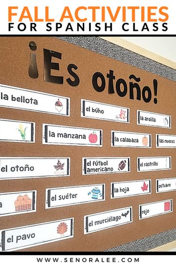 Fall Activities for Spanish Class Spanish Classroom Bulletin Boards, Spanish Teacher Classroom, Spanish Word Wall, Spanish Classroom Decor, Fall Vocabulary, Words In Spanish, Spanish Sentences, Dream Classroom, Vocabulary Word Walls