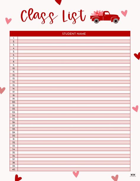 Choose from 12 different class list templates including 2 for Valentine's Day to keep track of all of your students. 100% FREE. Print from home. Class List, Free Print, List Template, Keep Track, From Home, Free Printables, Valentine's Day, Track, Education