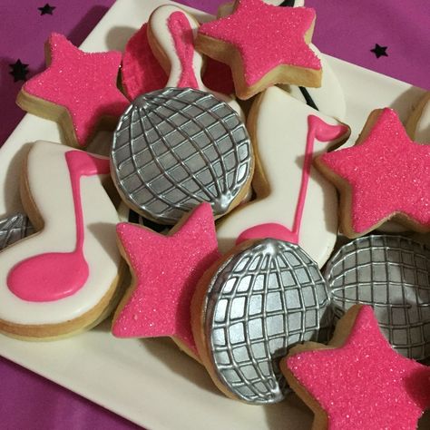 Birthday Party Ideas Disco Theme, Disco Party Cookies Decorated, Disco Party Treat Table, Disco Cookies 70s, Disco Themed Party Snacks, Disco Party Treats, Pink Disco Cookies, Disco Theme Bid Day, Disco Cowgirl Treats