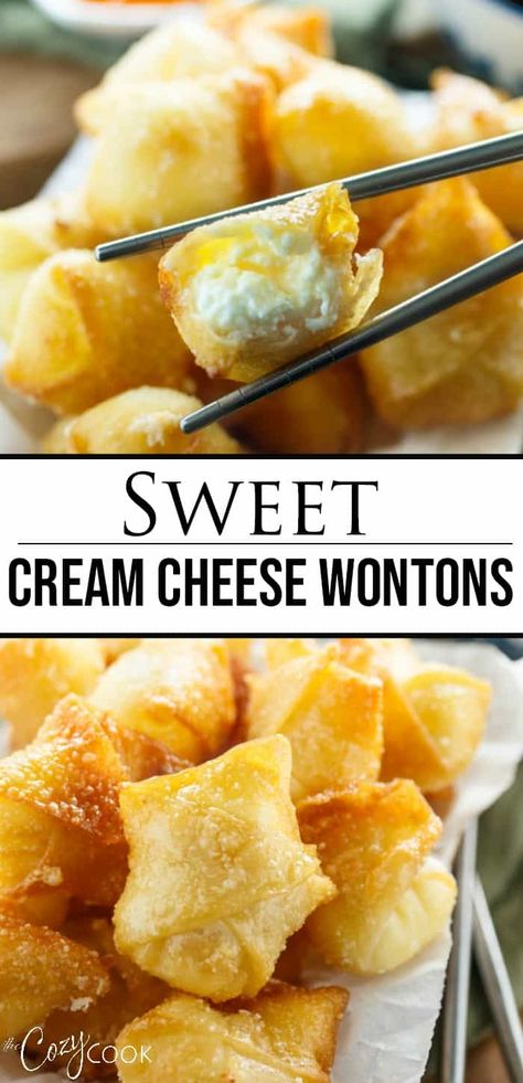 Sweet Cream Cheese Wontons, The Cozy Cook, Cozy Cook, Cream Cheese Wontons, Cheese Wontons, Homemade Chinese Food, Won Ton, Chinese Food Recipes, Wonton Recipes