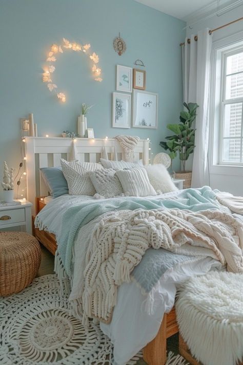 29 Blue Boho Dorm Room Ideas for a Stylish College Retreat 20 Blue Cozy Bedroom Aesthetic, Dorm Inspo Aesthetic Blue, Boho Bedroom Blue Accents, Room Ideas Aesthetic Blue And White, Room Ideas Light Blue Walls, Bedroom Calm Aesthetic, Soft Core Bedroom, Room Ideas Aesthetic Coastal, Coastal Bedrooms Blue