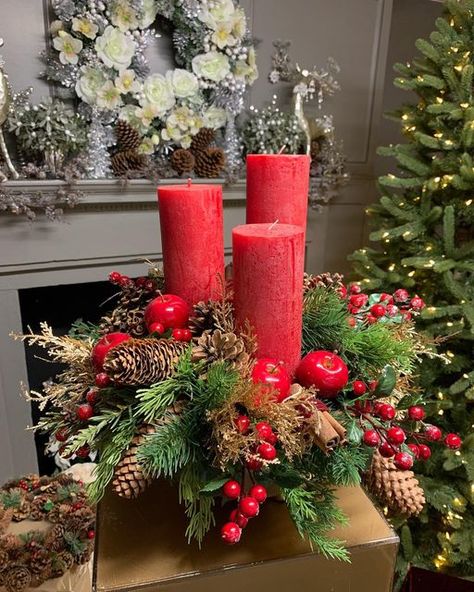 GOODE FLOWERS on Instagram: "What’s on the menu today…? Christmas.! All our candle arrangements, wreaths, garlands, advents and so much more, are lovingly handmade by us here, in the workrooms of our Charlotte Street shop. Come on in and get those seasonal vibes. . #madewithlove #handmadeuk #madeinlondon #londonflorist #londonflowers #londonchristmas #homesweethome #homedecor #christmasdecorations #centrepieces #tablecandles #christmastabledecor #makingchristmas #christmascandles #luxurycandles Christmas Table Centerpieces Advent, Advent Flower Arrangements, Advent Wreath Red Candles, Candle Centerpieces Christmas Wooden Boxes, Advent Candle Wreath Vine, Christmas Centre Pieces, Charlotte Street, Luxury Florists, Candle Arrangements