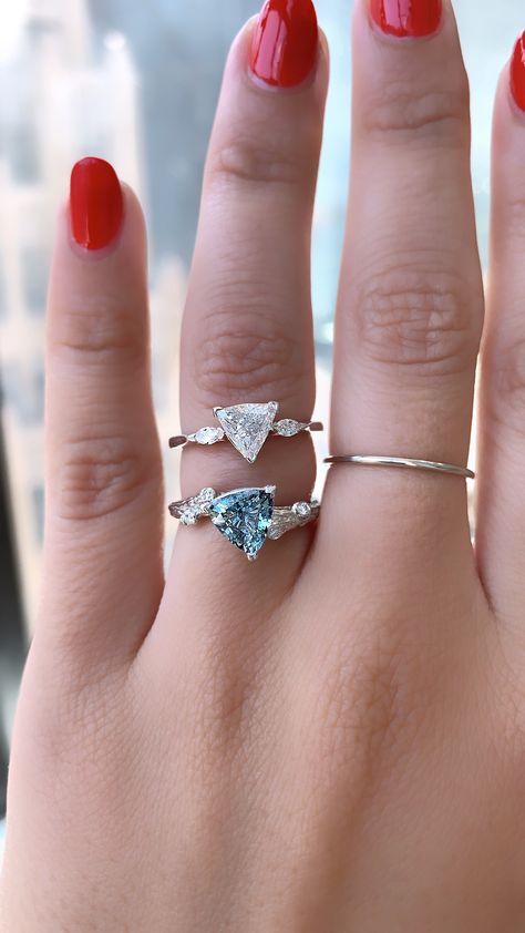 Trillion Cut Ring Setting, Trillion Cut Wedding Ring, Trillion Cut Engagement Ring Set, Trillion Ring Designs, Triangle Cut Engagement Ring, Two Engagement Rings, Trillion Cut Engagement Ring, Trillion Cut Diamond Ring, Trillion Cut Ring