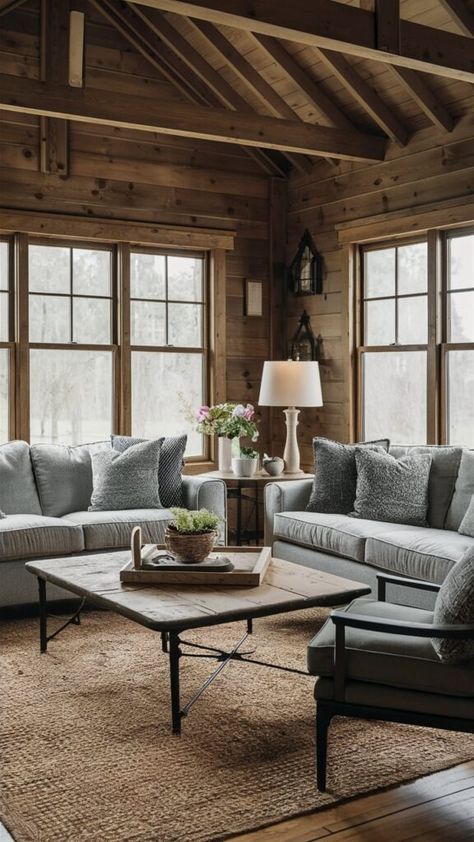 Lake Cabin Interiors, Lake House Deck, Cabin Great Room, Cottage Deck, Lake Cottage Decor, Cottage Decorating Ideas, Dark Grey Living Room, Lake House Living Room, Cottage Fireplace