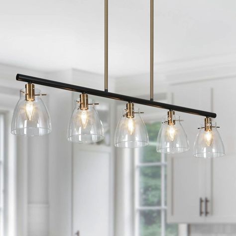 Linear Pendant Lighting, Chandelier Kitchen, Black Island, Gold Pendant Lighting, Island Chandelier, Bright Lighting, Foyer Entryway, Kitchen Island Linear Pendant, Bedroom Foyer