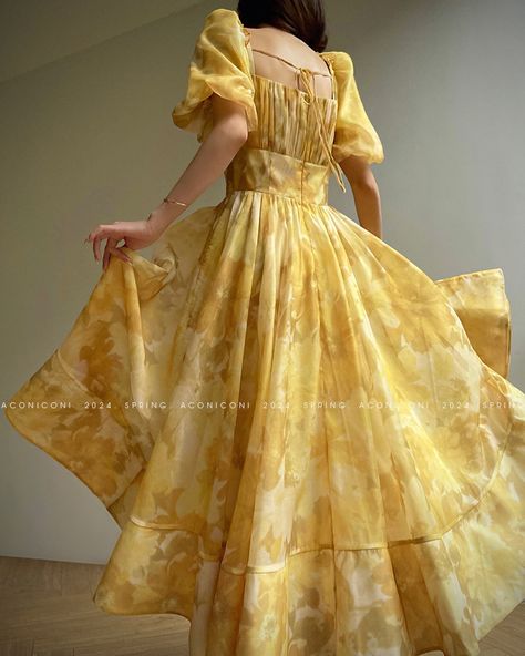 Citron Dress, Yellow French, Princess Silhouette, Simple Frocks, Female Outfits, Gown Dress, Long Puff Sleeves, Website Link, Inspiration Mode