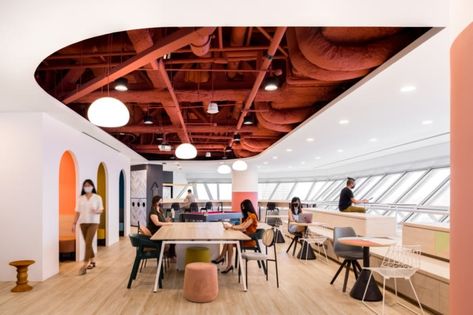 Tiered Seating, Exposed Ceilings, Work Cafe, Open Ceiling, Booth Seating, Collaboration Space, Open Office, Office Snapshots, Workplace Design