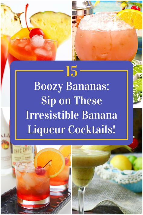 Collage of 4 banana liqueur cocktails. Banana Cabana Drink, Banana Liquor Drinks, Drinks With 99 Bananas, Banana Flavored Alcoholic Drinks, Cocktails With Banana Liquor, Banana Liquer Cocktails, Drinks With Banana Liquer, Banana Liqueur Drinks Cocktails, Banana Alcoholic Drink