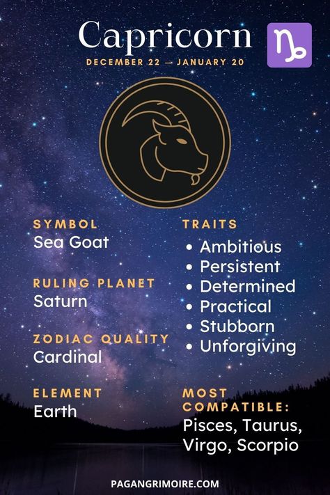 Discover Capricorn's personality traits, the dates for this cardinal earth sign, who what signs are most compatible with the Capricorn zodiac sign and more. #astrology #capricorn #zodiac Capricorn Astrology Symbols, Capricorn Sign Symbols, Capricorn Personality Traits, Earth Signs Zodiac, Capricorn Earth Sign, Capricorn Dates, Capricorn Daily Horoscope, Horoscope Symbols, Capricorn Zodiac Symbol