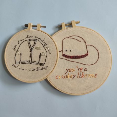 Two of my Taylor Swift's embroideries inspired by her songs Cardigan (folklore) and Cowboy Like me (evermore) Taylor Swift Eras Embroidery, Cowboy Like Me Embroidery, Song Lyric Embroidery, Taylor Swift Cricket Ideas, Taylor Swift Lyric Embroidery, Embroidery Designs Taylor Swift, Taylor Swift Inspired Embroidery, Taylor Swift Embroidery Pattern, Evermore Embroidery