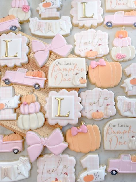 Pumpkin Cookies Decorated, Fall 1st Birthdays, Confetti Theme, First Birthday Cookies, Pumpkin Birthday Parties, Pumpkin 1st Birthdays, Pumpkin First Birthday, Birthday Cookie, Happy First Birthday