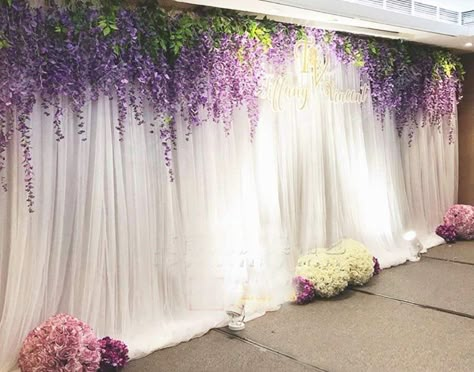 Flower Backdrop Purple, Purple Baloons And Green Grass Back Drop, Purple Wisteria Photo Backdrop, Faux Wisteria Purple, Purple Outdoor Theme Birthday Party Table, Wisteria In Beauty Glam Room, Circle Backdrop Wedding Purple And Green, Outdoor Wedding Arbor Purple Drape, Purple Wedding Reception Backdrop