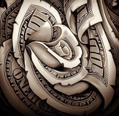 Money rose Money Rose Tattoo For Men, Money Rose Drawing, Money Hungry Tattoo, Money Roses, Money Tattoos, Money Rose Tattoo, Rose Tattoo Stencil, Chicanas Tattoo, 100 Roses