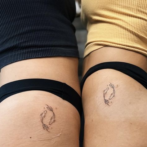 Ideas for matching tattoos with your best friend Tattoo For Sisters Small, Non Basic Best Friend Tattoos, Cute Small Matching Tattoos Friends, Small Tattoo Ideas Friends, One Of Two Tattoo Twin, Matching Small Tattoos For Best Friends, Koy Fish Tattoo Ideas, Fish Matching Tattoo, Matching Fish Tattoos