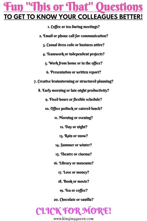 Questions To Get To Know Coworkers, Fun Questions To Ask Coworkers, Get To Know Your Coworkers Questions, This Or That Work Edition, Would You Rather Questions For Work, Get To Know You Questions For Work, This Or That Questions, Work Team Building Activities, Work Team Building