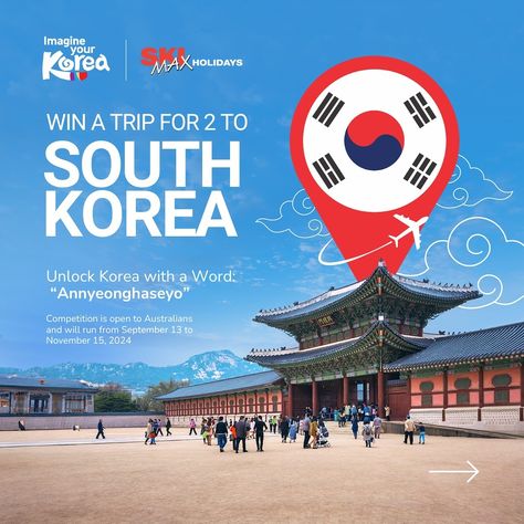 Annyeonghaseyo! 👋 Are you ready to go on an adventure to South Korea? 🇰🇷 Korea Tourism Organization will give away “a trip for two” to South Korea, where you can witness its incredible beauty, including bustling cities, rich cultural experiences, and breathtaking views! From September 13 to November 15, you can win a fantastic trip by simply saying “Annyeonghaseyo” (Hello in Korean) at 🔗 https://unlockkorea.com.au/pt/! Earn a maximum of 10 entries when you correctly say “Annyeonghasey... Hello In Korean, Korea Tourism, Win A Trip, Cultural Experience, Breathtaking Views, Go On, South Korea, Tourism, The Incredibles