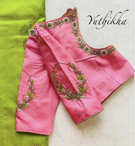 Simple Design Works For Blouse, Aariya Work Blouse, Butta Pusala Maggam Work, Simple Blouse Designs For Bride, Self Maggam Work Designs, Work Blouses Maggam Latest Simple, Pink Blouse Machine Work Designs, Simple Aari Works On Blouse, Simple Trendy Aari Work Blouse Design