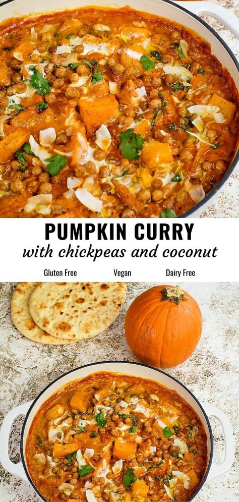 In this irresistible Pumpkin Curry – roasted pumpkin meets butter chicken-style coconut sauce, crowned with crunchy roasted chickpeas. The blend of sweet, savory, and spice in a creamy richness makes it a perfect comfort food. Serve with rice or flatbread for a delightful, holiday-worthy meal. #pumpkincurry#coconutcurry #chickpeacurry Red Lentil Pumpkin Curry, Healthy Pumpkin Curry, Pumpkin Curry Instant Pot, Chickpea Fall Recipes, Coconut Curry Chickpeas With Pumpkin, Spiced Chickpea Stew With Coconut, Asian Pumpkin Soup, Red Bean Curry Recipe, Indian Pumpkin Soup