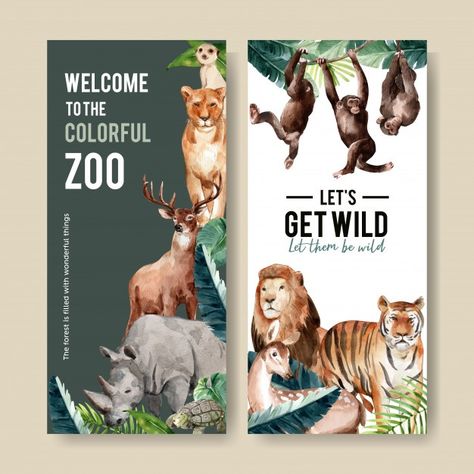 Zoo Flyer, Zoo Brochure, Zoo Poster Design, Tiger Watercolor, Ebook Template Design, Autumn Animals, Autumn Illustration, Cartoon Panda, Magazines For Kids