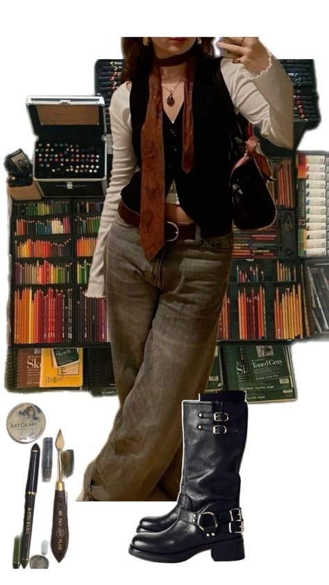 Punk Autumn Outfit, Female Genius Aesthetic, Writer Aesthetic Outfit, Punk Librarian, Chaotic Academia Outfits, Library Outfits, Librarian Outfit, Librarian Core, Librarian Aesthetic