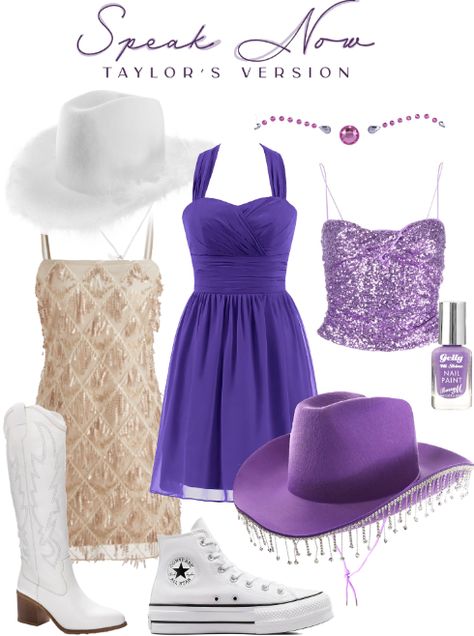 Taylor Swift Eras Tour Speak Now Outfit for Concert Speak Now Purple Dress, Taylor Swift Purple Speak Now Dress, Speak Now Eras Tour Accessories, Speak Now Taylors Version Cardigan, Speak Now World Tour Purple Dress, White Cowboy Boots, Taylor Swift Speak Now, Taylor Swift Fan, Purple Dress