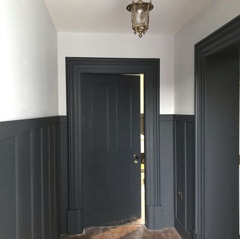 Dark Grey Panelling Hallway, Black Hallway Floor, Railings Hallway Farrow Ball, Farrow And Ball Railings Hallway, Downpipe Stairs, Black Woodwork Hallway, Black Walls Hallway, Panelled Stairs, Homely Hallway