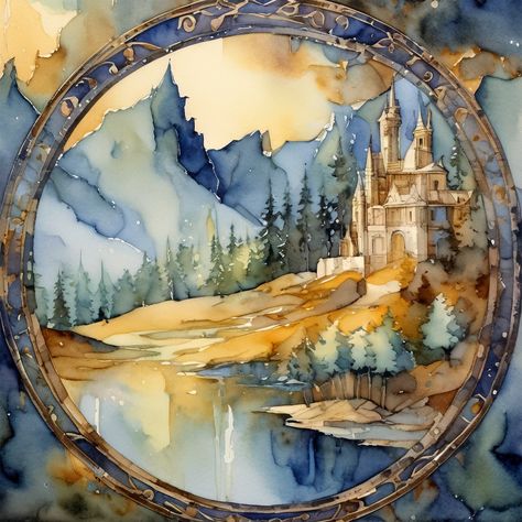 European Drawing, Zelda Painting, Watercolor Fantasy Art, Castle Inspiration, Watercolor Castle, Scenery Illustration, Round Background, Castle Illustration, Castle Painting