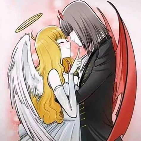 Cómic de romance entre una ángel y un demonio. Demasiado tierna y div… #romance # Romance # amreading # books # wattpad Angel Y Diablo, Diablo Anime, Boho Art Drawings, Comics Love, Anime Devil, Ange Demon, Angel And Devil, Angels And Demons, Arte Fantasy