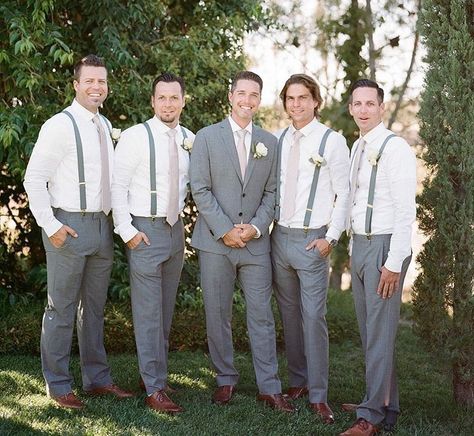 Gray Pants With Suspenders Wedding, Groomsmen Attire Dusty Blue, Groomsmen Attire Grey, Groomsmen Outfit, Wedding Groomsmen Attire, Wedding Ides, Grey Suspenders, Groomsmen Grey, Wedding Outfits For Groom