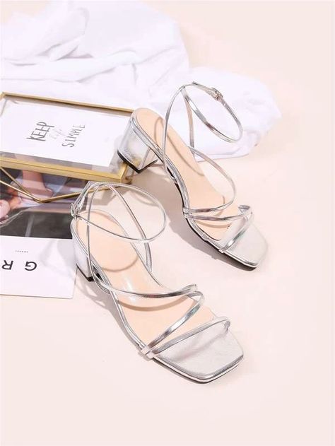 Holographic Ankle Strap Chunky Sandals for Sale Australia| New Collection Online| SHEIN Australia Prom Shoes Silver, Silver Low Heels, Summer Sandals Heels, Shein Shoes, Summer Heels, Chunky Sandals, Silver Sandals, Low Heel Shoes, Prom Shoes