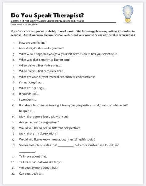 Psych Rehab Group Ideas, Talk Therapy Activities, Group Supervision Activities Social Work, Emotionally Focused Individual Therapy, Psychology Questions To Ask, Licensed Clinical Mental Health Counselor, Therapeutic Communication Techniques, Therapist Must Haves, Therapy Preparation