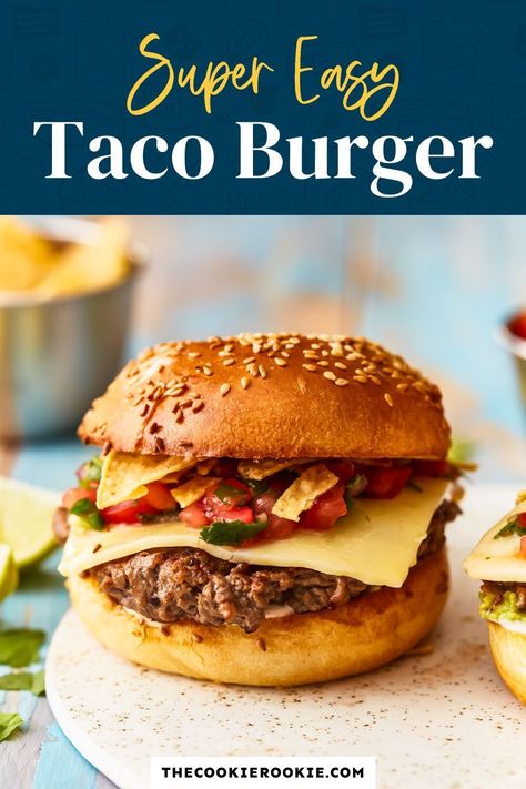 These tasty Taco Burgers will be right at home on both taco night and burger night! Inspired by my favorite Mexican food, juicy ground beef patties are piled onto hamburger buns with cheese, guacamole, salsa, tortilla chips, and a creamy hot sauce. Every bite of this Mexican taco burger recipe is packed with flavor, and the best part is that it’ll be ready in 15 minutes! Hamburger Ideas, Taco Burgers, Ground Beef Patties, Mexican Burger, Brisket Burger, Taco Burger, Burger Bites, Guacamole Salsa, Salt Block