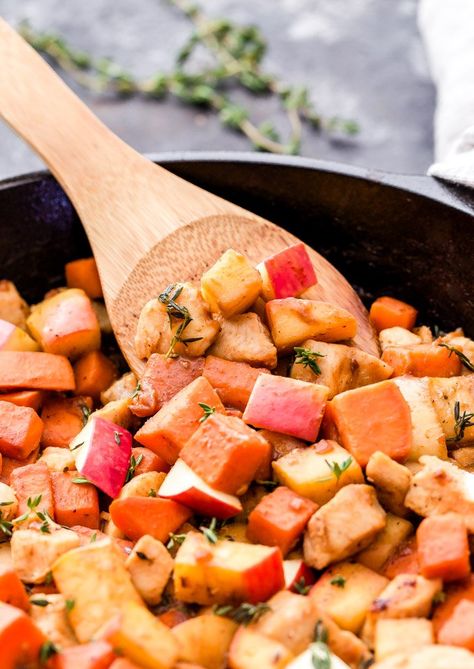 Apple Skillet, Maple Mustard Chicken, Sweet Potato Apple, Sweet Potato Skillet, Easy Skillet Meals, Apple Chicken, Maple Mustard, Sweet Potato And Apple, Easy Skillet