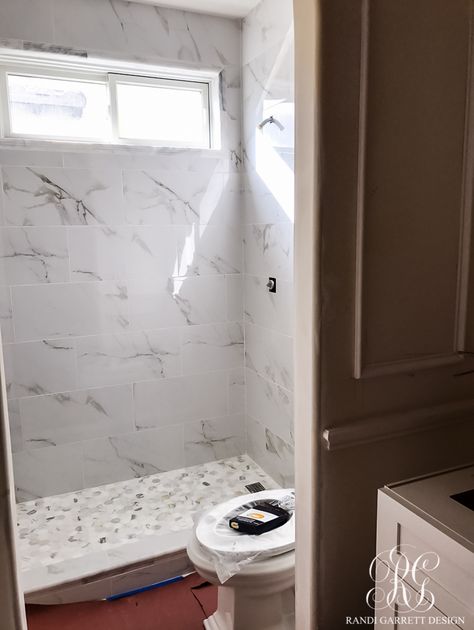 Transitional Guest Bathroom Makeover - Mood Board & Before and After Gold Hexagon Tile, Basketweave Tile Bathroom, Transitional Guest Bathroom, Large Tile Bathroom, Basketweave Tile, Large Shower Tile, Interior Delights, Guest Bathroom Makeover, Shower Repair