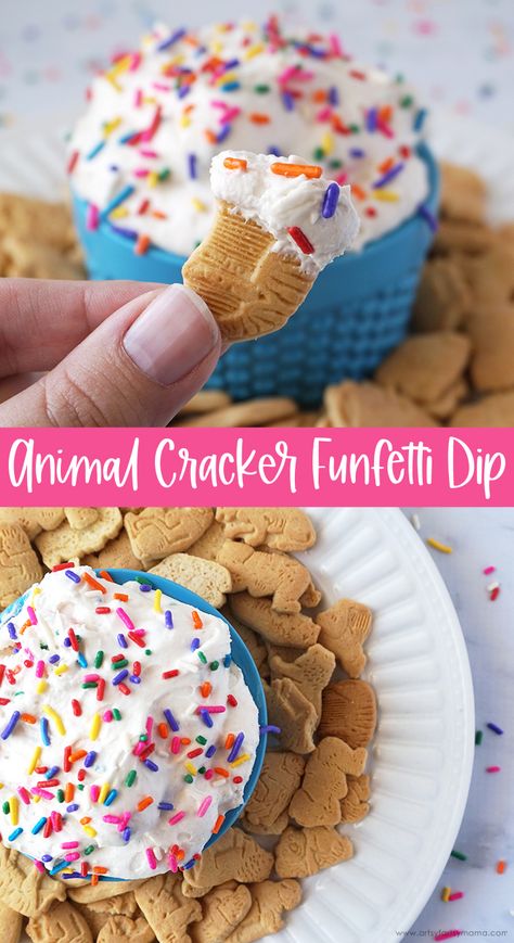 Animal Cracker Funfetti Dip | artsy-fartsy mama Animal Crackers And Dip, Frosting Dip For Animal Crackers, Dips With Animal Crackers, Dip For Animal Crackers Cool Whip, Animal Cracker Recipe Ideas, Animal Cracker Activities, Frosted Animal Cookie Dip, Animal Cracker Dip Cream Cheese, Animal Crackers Ideas