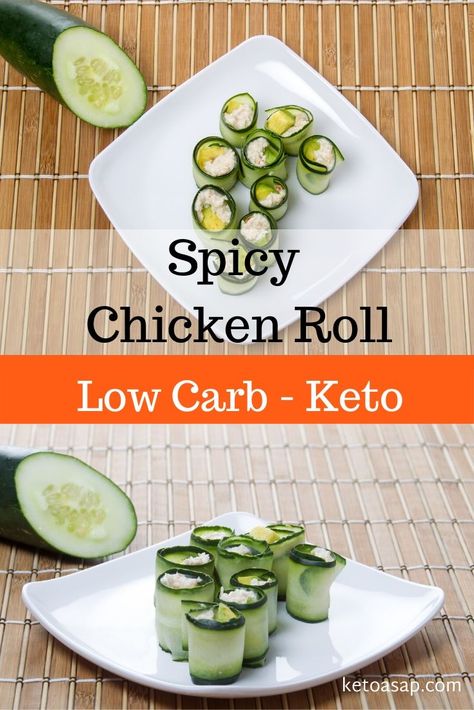 Keto Low Carb Spicy Chicken Roll Chicken Sushi Rolls, Keto Cucumber, Cucumber Sushi Rolls, Chicken Sushi, Low Carb Sushi, Cucumber Sushi, Cucumber Rolls, Chicken Roll, Healthy Low Carb