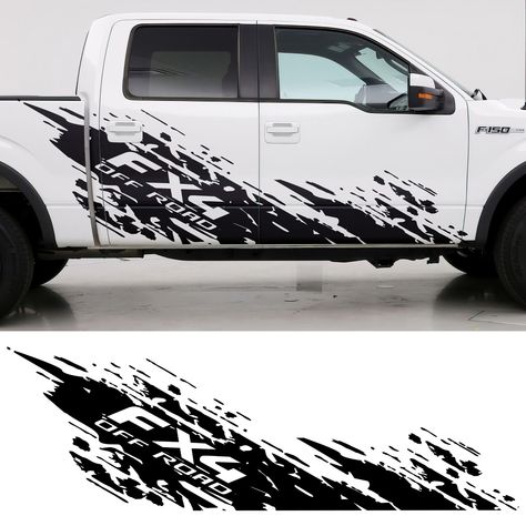 Ford F-150 Mud Splash Side Rocker Panel Car Graphic Sticker. Set of 2. Truck Side Bed Graphic Decal. Raptor, FX4, 4x4, Tremor, Off Road. #6792 Sold as a pair. (One for each side of the truck) Universal Fit for most F-150 models. Please measure out the area on your truck to make sure it works for your truck as intended.   Each decal is around 115in Wide X 37in Tall. (See sample photos You pick the color.    The decals comes with transfer tape already applied for easier application.    Please use 4x4 Stickers, Bike Stickers Design Ideas, Tacoma Truck, Side Bed, Car Sticker Design, Bike Stickers, Stickers Design, Blue Background Images, 4x4 Off Road