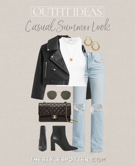 Black Leather Booties Outfit, Outfit Black Leather Jacket, Summer Outfit Ideas 2023, Summer Outfits Date Night, Casual Outfit College, Summer Outfits Date, Chanel Double Flap Bag, Black Leather Jacket Outfit, Outfit Jean