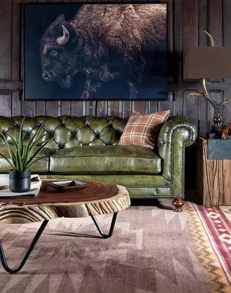 Leather Sofa's | Western & Rustic Couches | Your Western Decor Green Leather Sofa Living Room, Rustic Couch, Chesterfield Sofa Design, Chesterfield Couch, Adobe Interior, Green Leather Sofa, Western Living Room, Leather Couches Living Room, Rustic Sofa