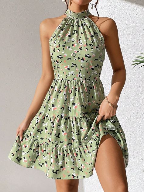 Green Boho Collar Sleeveless Woven Fabric All Over Print A Line Embellished Non-Stretch  Women Clothing Nice Dresses Casual, Elegant White Dress, Cute Short Dresses, African Fashion Traditional, Fashion Illustration Dresses, Elegante Casual, Short Dresses Casual, Maxi Dresses Casual, Sewing Dresses