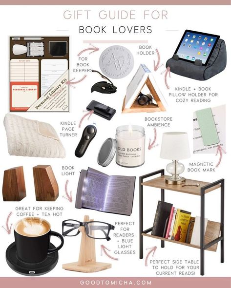 gift guide for book lovers - reading accessories - kindle holder - bookshelf - custom book gifts - book light - emboss tool - glasses holder - book marks #LTKGiftGuide #LTKSeasonal #LTKHoliday Book Lover Gift Ideas, Kindle Holder, Literature Gifts, Lover Gift Ideas, Reading Accessories, Book Light, Celebrate Good Times, Glasses Holder, Book Marks