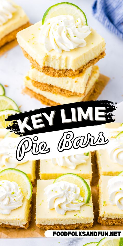 These Key Lime Bars taste like Key Lime Pie but in bar form. They’re creamy, zesty, and much easier to make than the classic pie. Single Serve Key Lime Pie, Key Lime Pie Squares Bar Recipes, Easy Key Lime Recipes, Key Lime Pie Squares, Mini No Bake Key Lime Pie, Key Lime Desert, Sheet Pan Key Lime Pie Bars, No Bake Key Lime Pie Bars, Quick Key Lime Pie