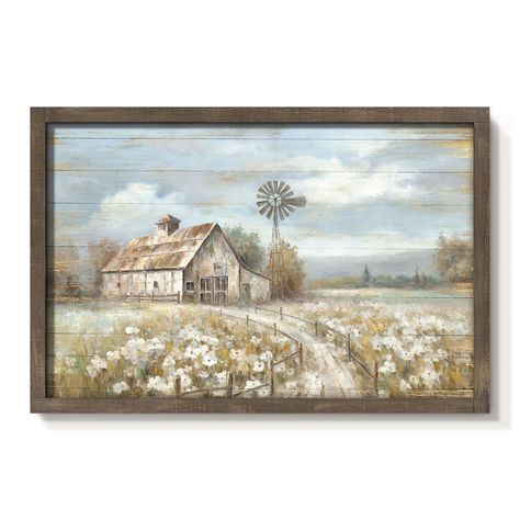 PRICES MAY VARY. Size Information: The barn windmill framed wall art in a distressed wood frame with an overall size of 36" x 24" rustic farmhouse wall decor is perfect for elevating the design of a living room, bedroom, dining room, entryway, office or hotel, dining room, farmhouse and more. Premium Quality: The barn picture wall decor applies the advanced Giclee technology with long-lasting printing inks. Printed on a smooth wood plank, the inks are infused with the wood that makes the colors Farmhouse Picture Wall, Vintage Farmhouse Decor Living Room, Bedroom Picture Wall, Farm Scene Painting, Artwork For Bedroom, Flowers Prints, Barn Wall Art, Barn Pictures, Entryway Office